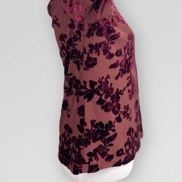 Vintage Velvet Floral Blouse, Large. Burgundy maroon semi sheer t-shirt top - Picture 7 of 13